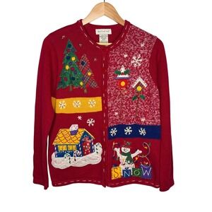 Vintage White Stag Christmas Sweater Red Snowman Snowflakes Women Size Small